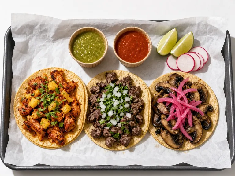 Concept image of three street tacos with salsas and lime in the sample website