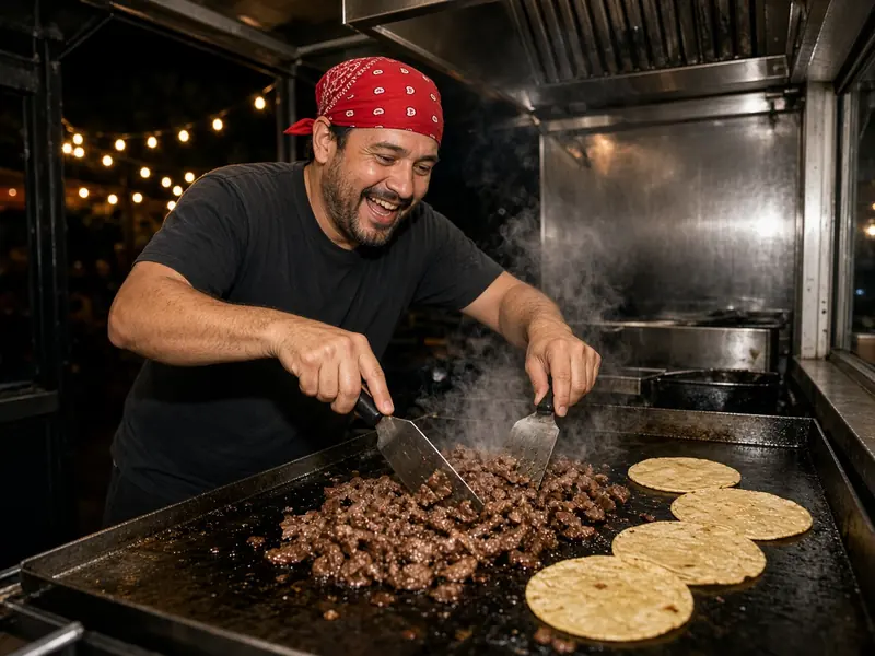 Concept image of a cook in a red bandana chopping steak on the plancha, tortillas warming beside it