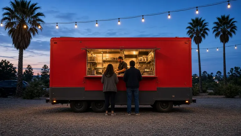 Concept image of a red food truck trailer at dusk under palm trees and string lights