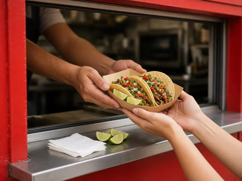 Concept image of hands passing a plate of tacos through the truck window