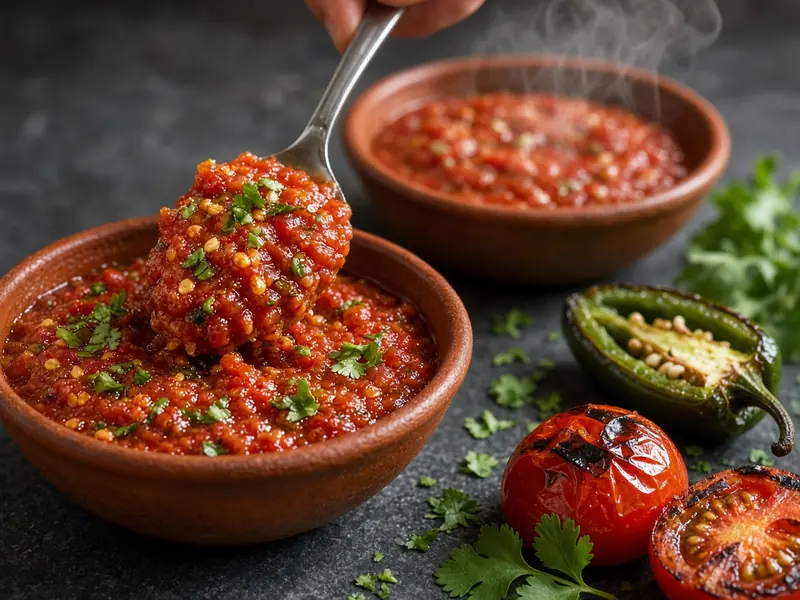 Concept image of salsa roja being spooned from a clay bowl, with tomatoes and chiles