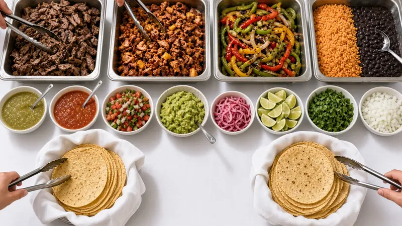 Concept image of a taco bar with trays of meats, peppers, rice and beans, eight salsas and baskets of tortillas