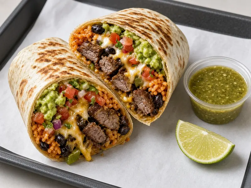 Concept image of a burrito cut in half with steak, rice, beans and pico, with salsa verde and lime