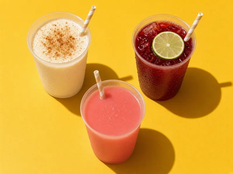 Concept image of three aguas frescas, horchata, jamaica and watermelon, on a yellow background