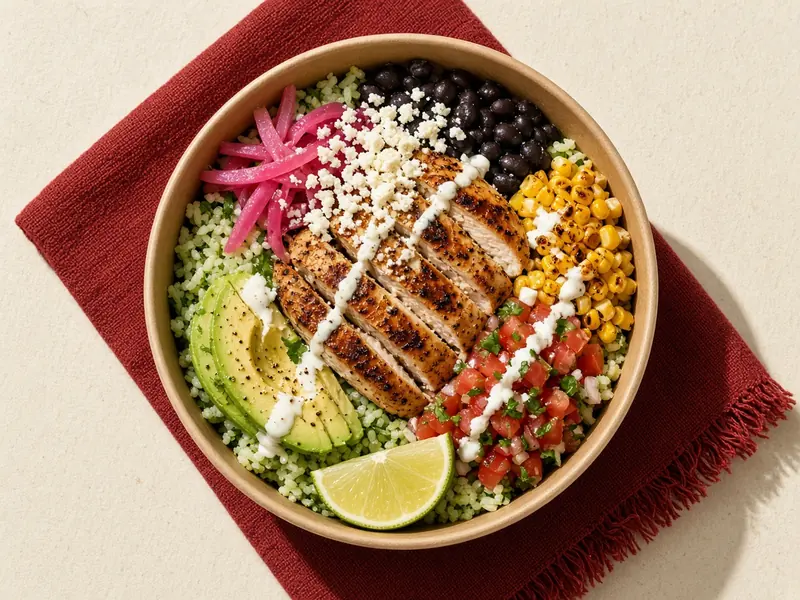 Concept image of a bowl with grilled chicken, beans, corn, avocado, pickled onion and crema