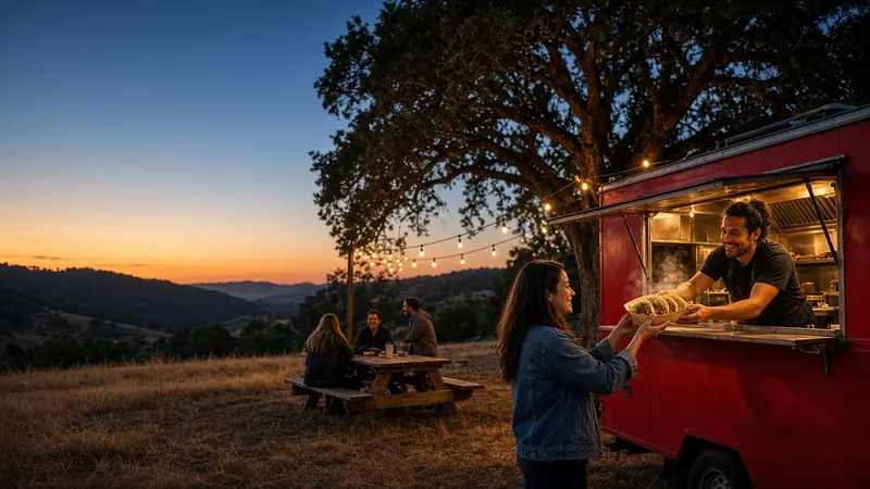 Concept image of the red truck parked under an oak at dusk, a guest at the window