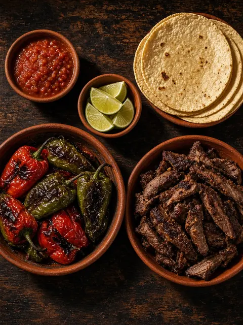 Concept image of grilled peppers, steak and warm tortillas in clay bowls