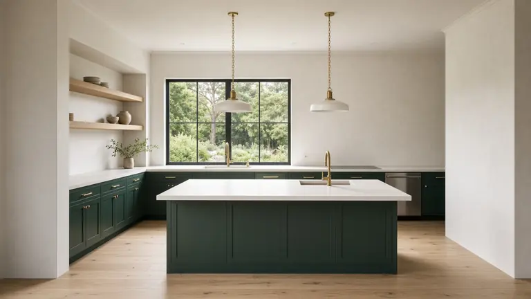 Concept image of a remodeled kitchen with deep green cabinets and a long island in the sample website