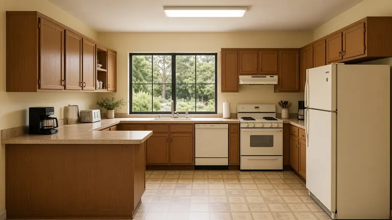 Concept image of the kitchen before the remodel, with dated oak cabinets and laminate counters