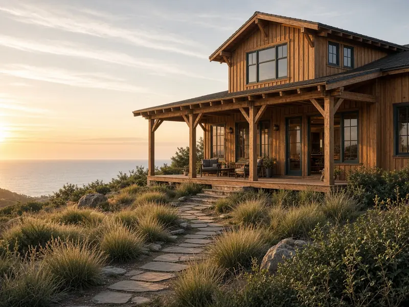 Concept image of a finished wood-sided home with a porch above coastal grasses