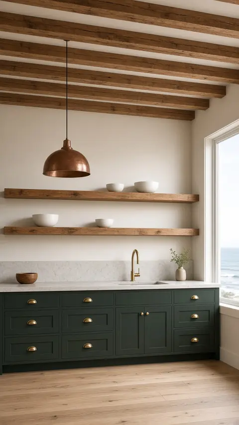 Concept image of a tall view of a kitchen with green cabinets, open wood shelves and a copper pendant