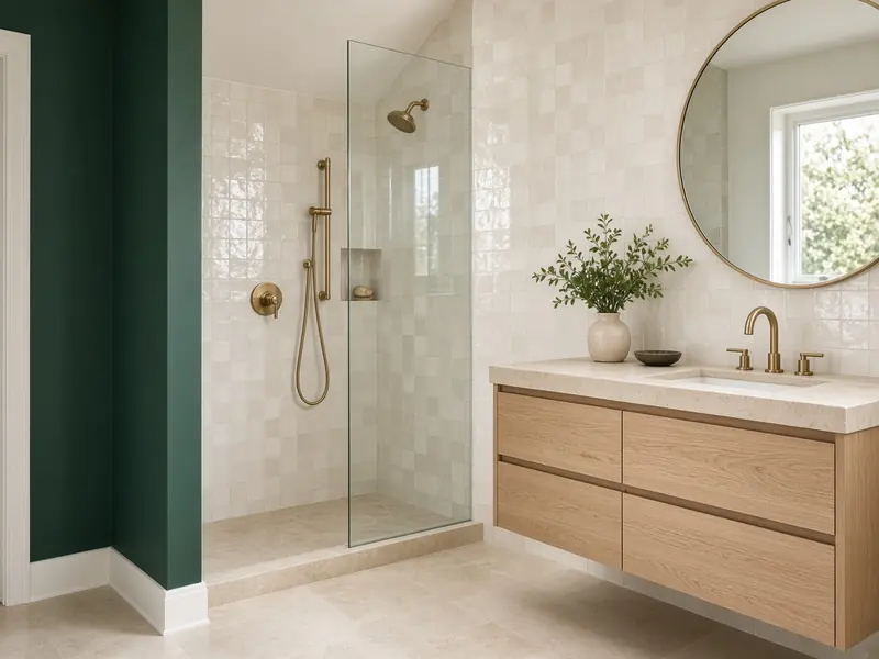 Concept image of a bathroom with white handmade tile, a glass shower panel and a floating oak vanity