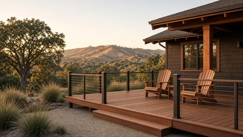 Concept image of a redwood deck with dark posts and cable railing at golden hour