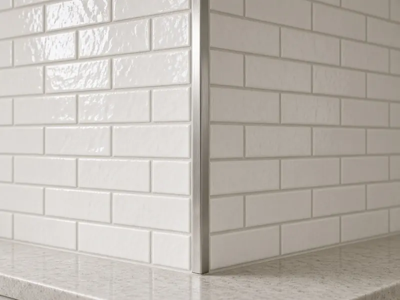Concept image of a white tile corner with straight grout lines and a metal edge