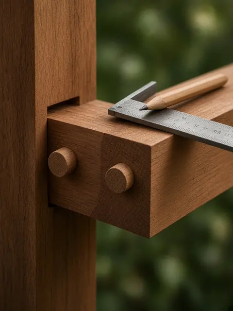 Concept image of a pegged timber joint with a square and a mallet