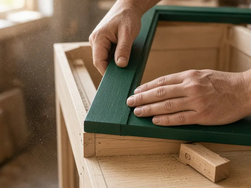 Concept image of hands fitting a green cabinet face frame, sawdust in the window light