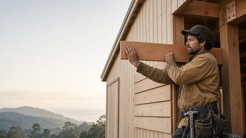 Concept image of a carpenter fitting a board on the side of a house