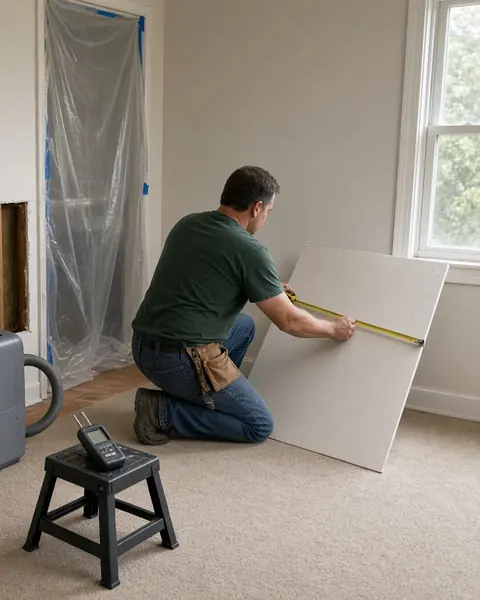 Concept image of a worker measuring new drywall during a water damage repair