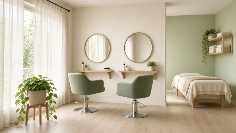 Concept image of a calm salon with two sage chairs and round mirrors in the sample website