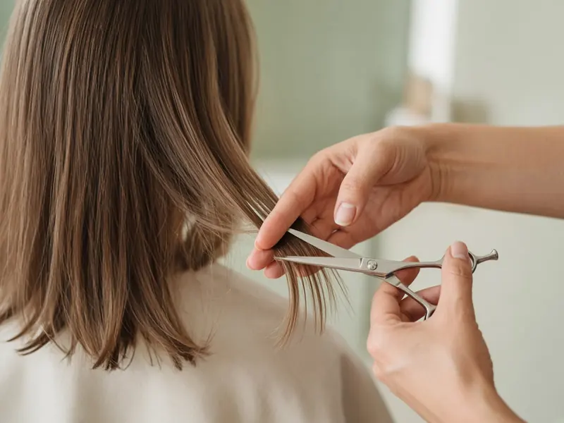 Concept image of a stylist trimming shoulder-length hair in window light