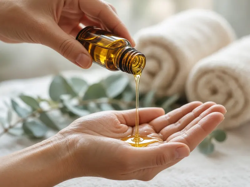 Concept image of oil poured from an amber bottle into an open palm, towels behind