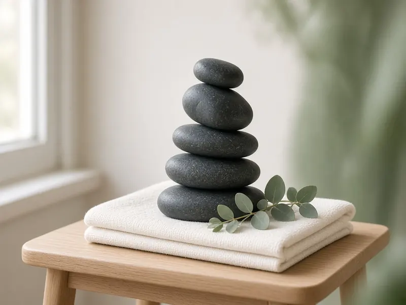 Concept image of smooth dark stones stacked on folded towels by a window