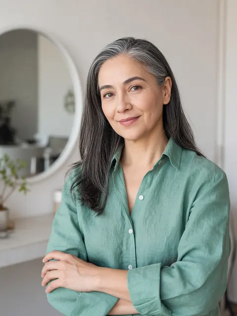 Concept image of the owner, a stylist with long silver hair, smiling by a round mirror