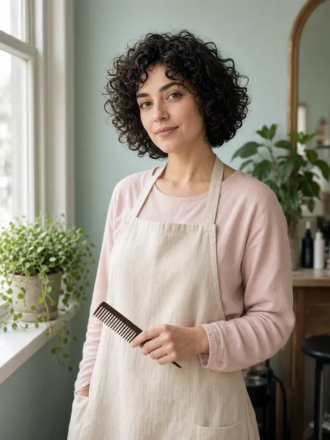 Concept image of a colorist with dark curly hair in a canvas apron, holding a comb