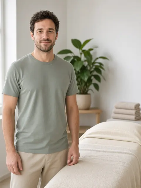 Concept image of a massage therapist in a sage shirt beside a made-up treatment table