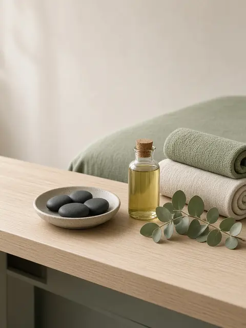 Concept image of a treatment room counter with rolled towels, warm stones and a small bottle of oil