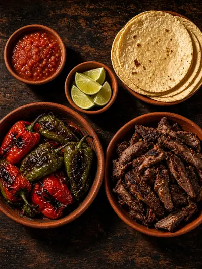 Concept image of roasted peppers, steak, tortillas, salsa and lime on a table