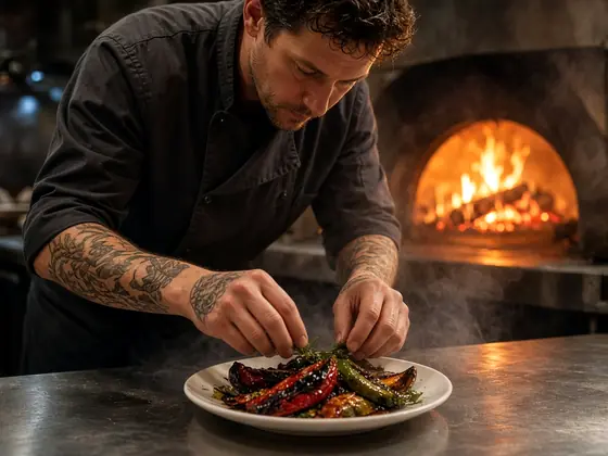 Concept image of a chef plating roasted peppers beside a wood-fired oven