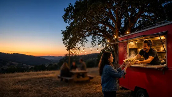 Concept image of a cook handing tacos from a red food truck at dusk under string lights