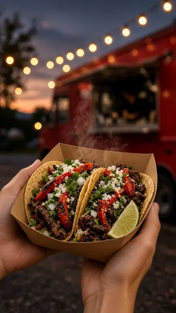 Concept image of hands holding a paper tray of street tacos with lime