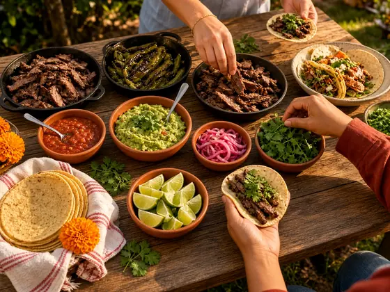 Concept image of a taco catering spread on an outdoor table with guests serving themselves
