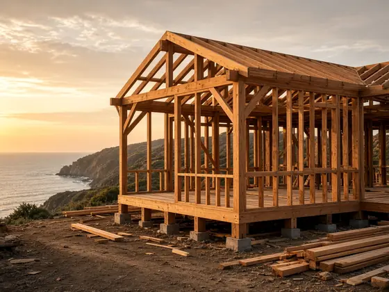 Concept image of a timber-framed coastal home under construction at golden hour