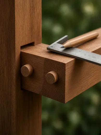 Concept image of a pegged timber joint where a cedar beam meets a post