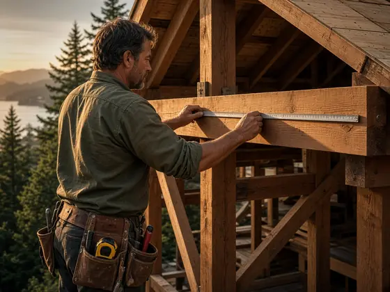 Concept image of a carpenter measuring a beam on a timber-framed house