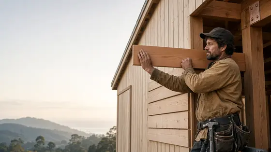 Concept image of a carpenter fitting a cedar board on a timber-framed coastal home