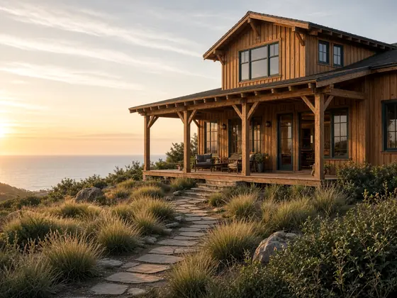 Concept image of a finished cedar-sided coastal home with a timber porch at sunset