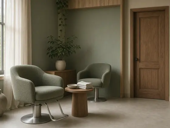 Concept image of two salon chairs in a sage and sand room