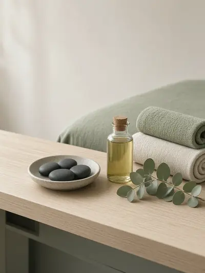 Concept image of a massage room still life with towels, stones and oil
