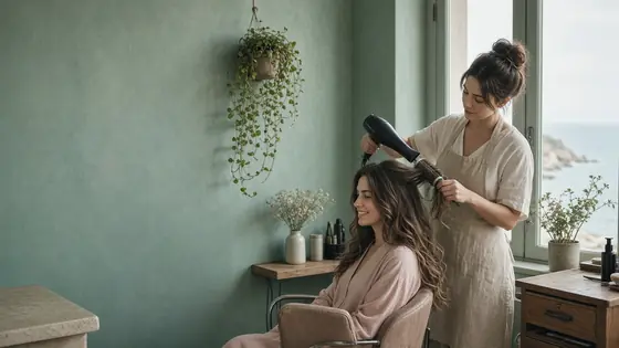 Concept image of a stylist blow-drying a client's long wavy hair in a sage salon