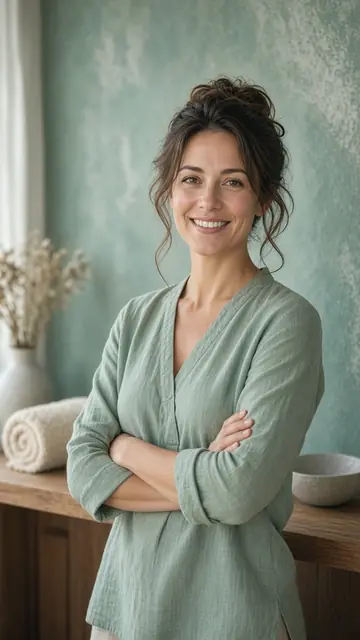 Concept image of a smiling massage therapist in a calm treatment room