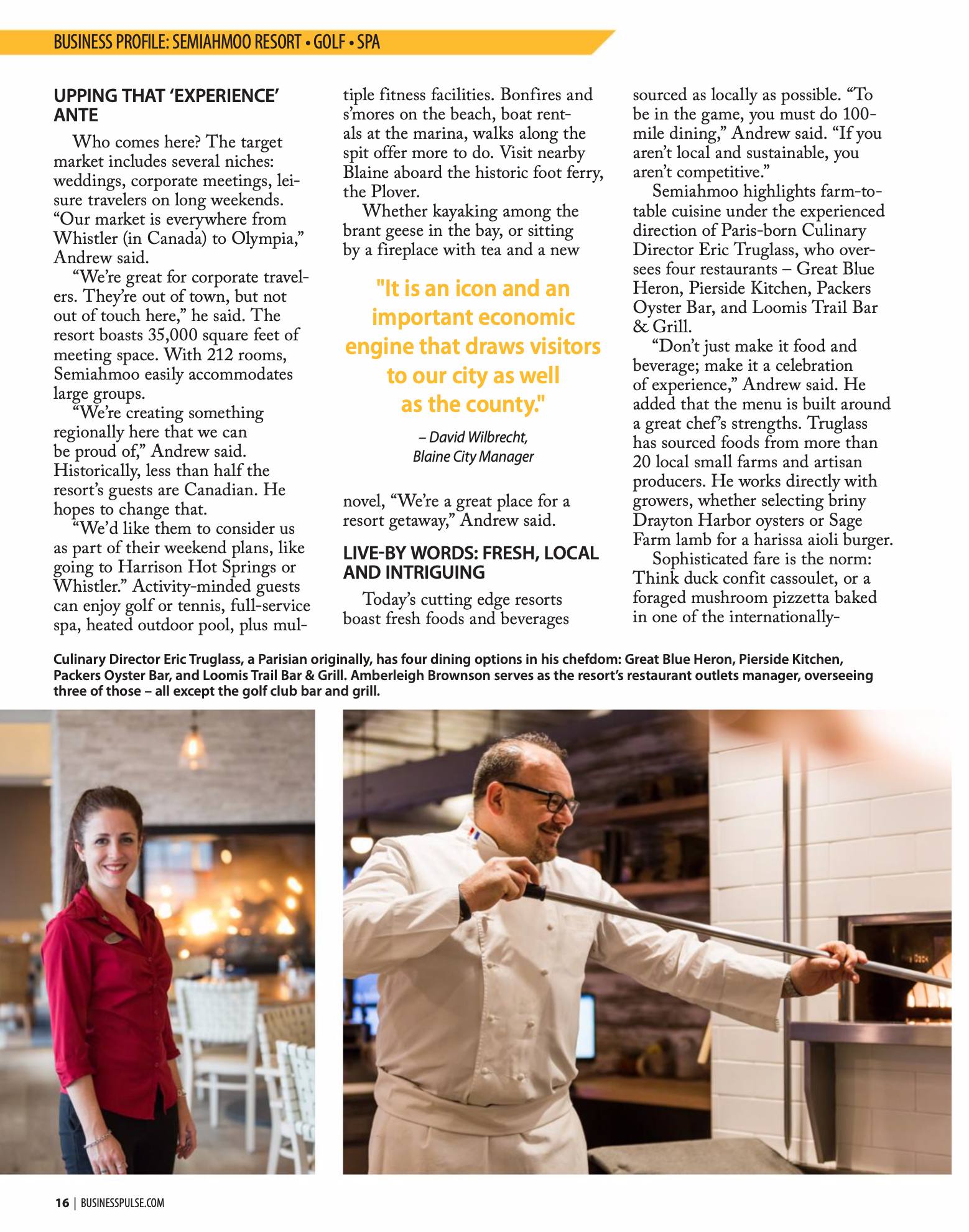 Magazine feature page with a chef sliding a pizza peel into a wood-fired oven and a restaurant manager standing by a fireplace