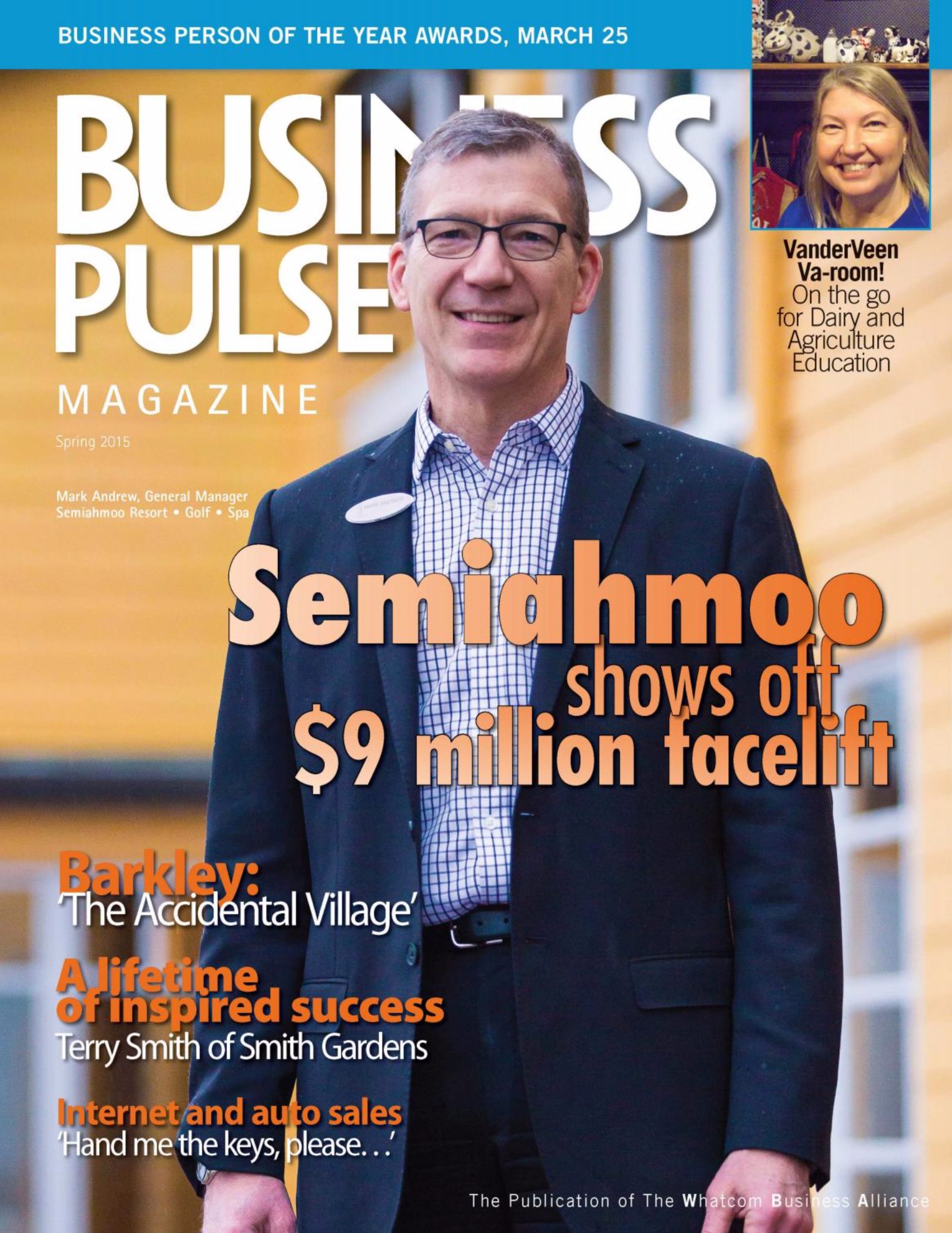 Business magazine cover featuring an executive in a navy suit in front of a yellow clapboard building