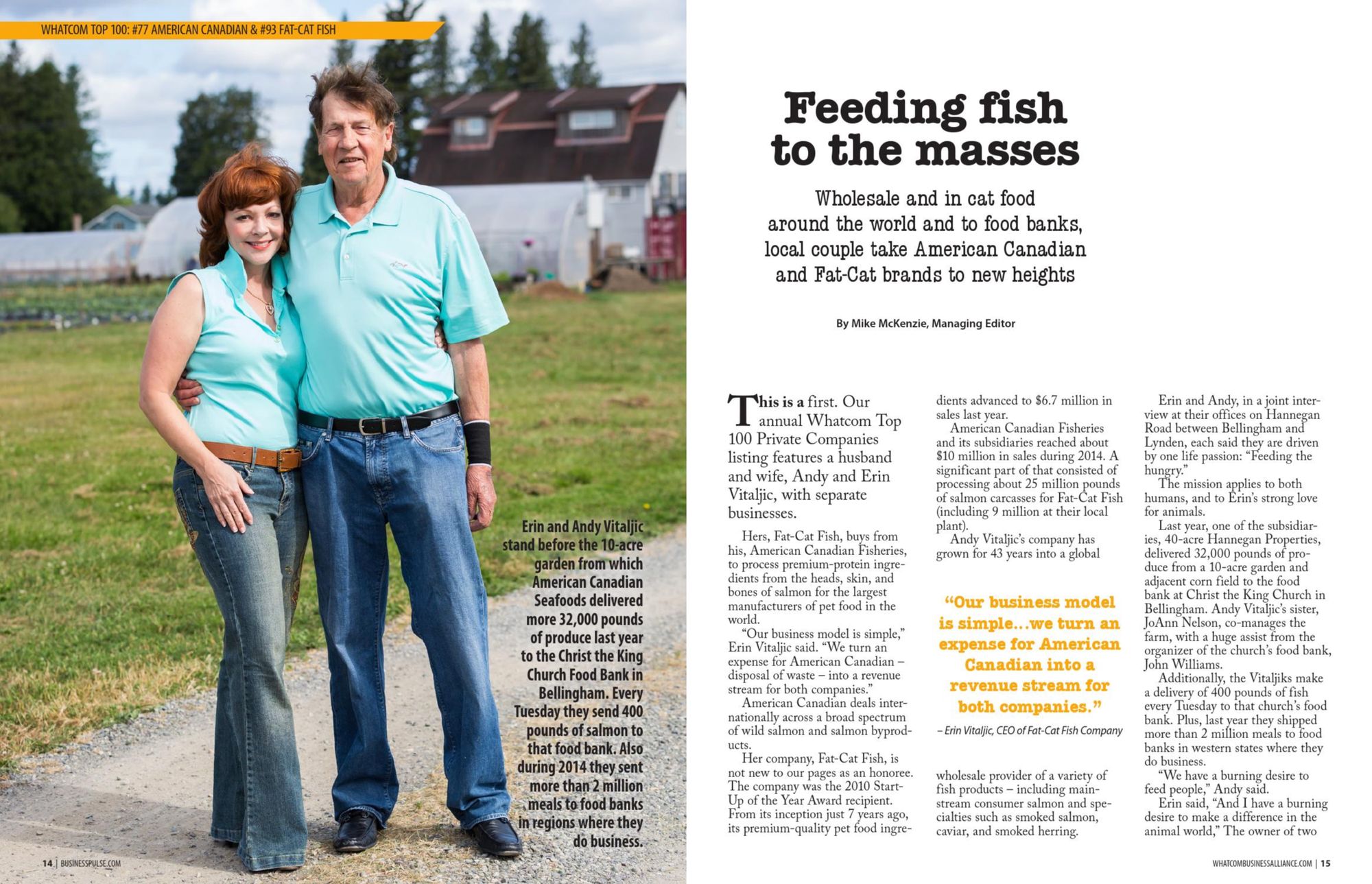 Magazine feature spread with a portrait of a business-owner couple standing on a farm road beside greenhouses, next to the article text