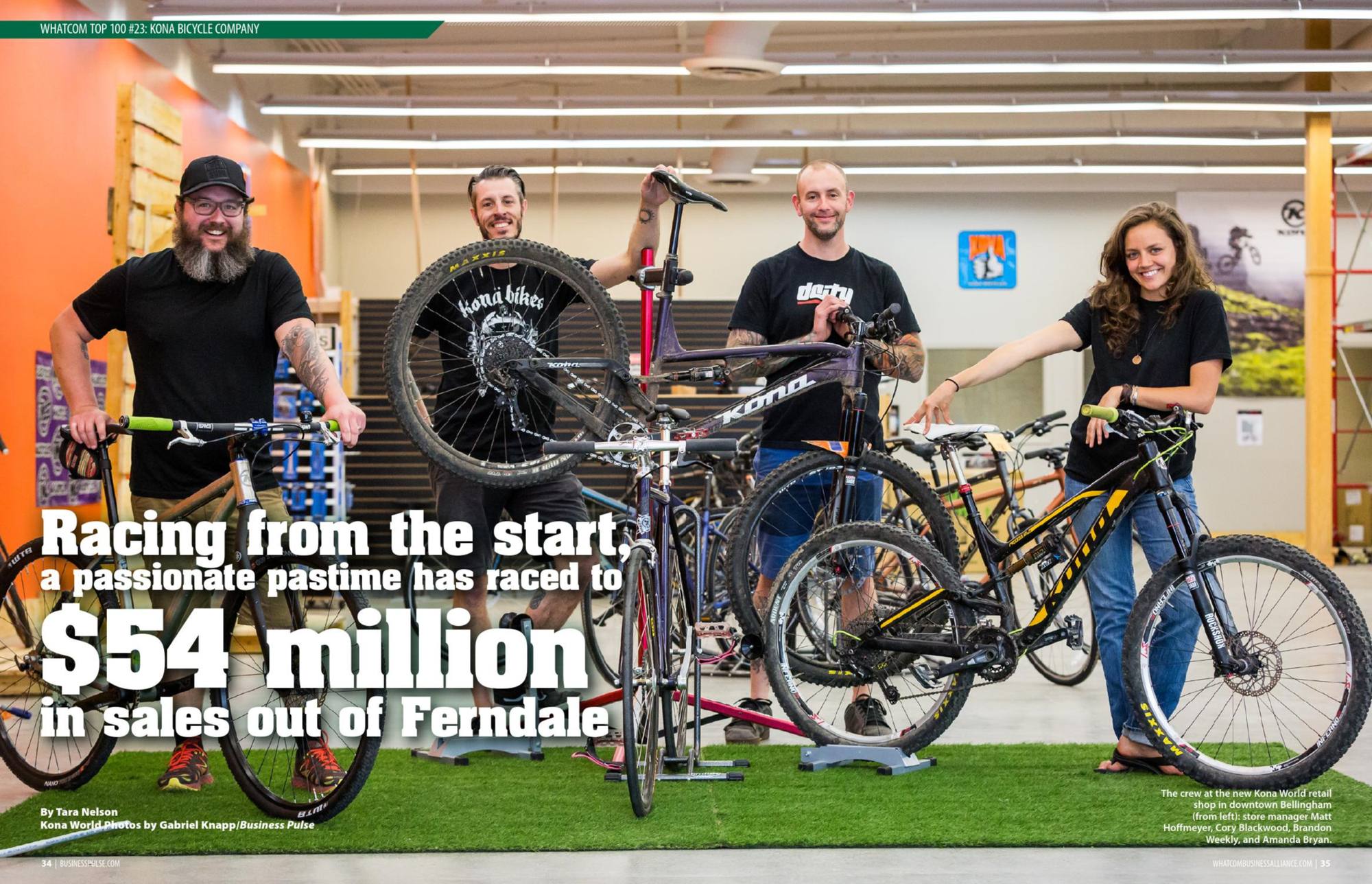 Magazine feature spread showing a smiling bike shop crew of four holding mountain bikes inside their retail store, with a bold headline over the photo