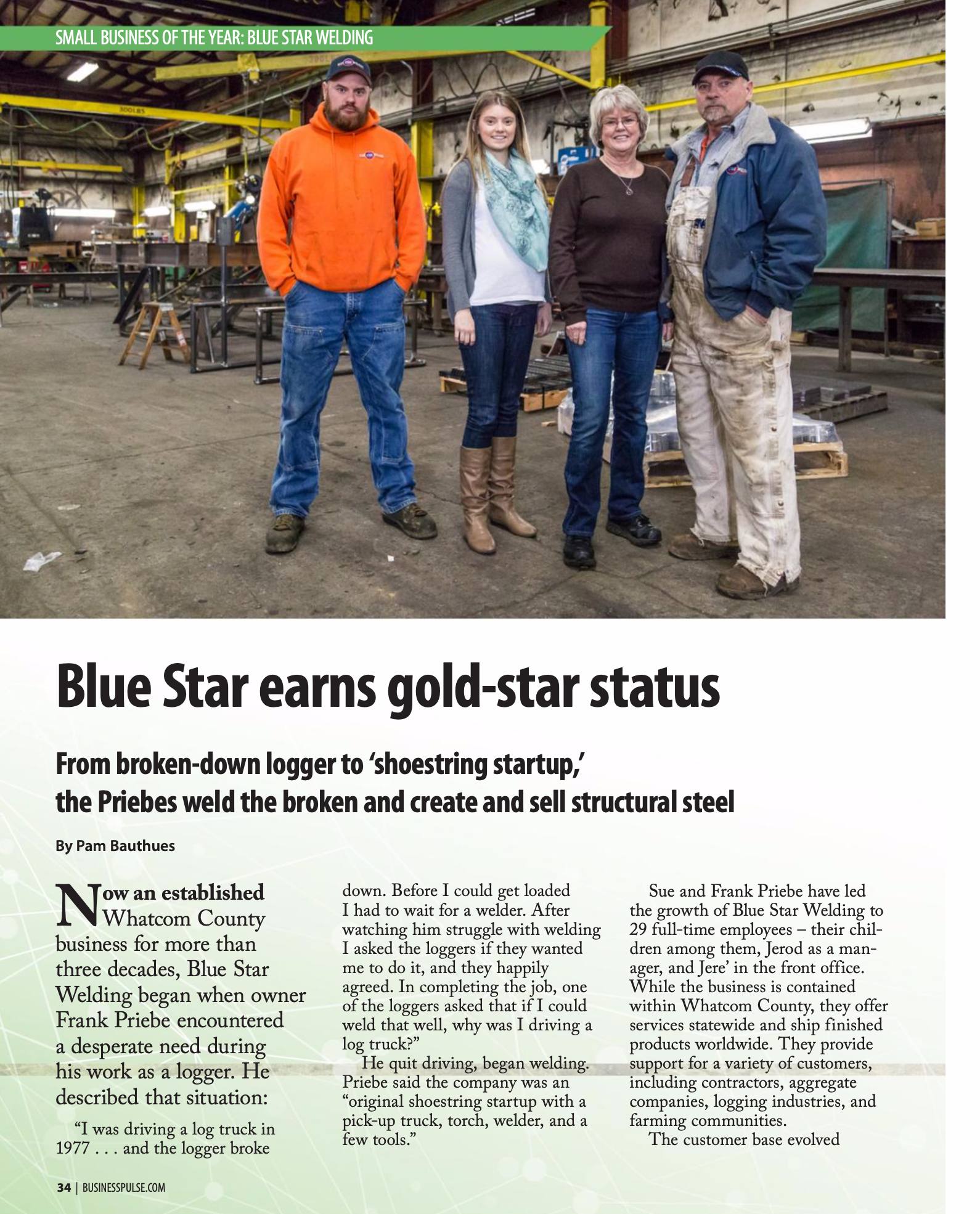 Magazine feature page with a family-run steel fabrication crew of four standing in their workshop above the article headline